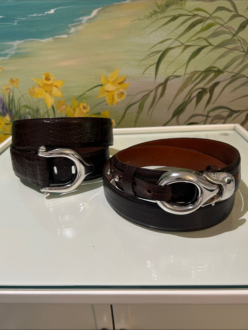 Set of 2 Brian Toohey Vintage Brown Leather Belts Polished Silver Buckles 🐊 🦎🪎